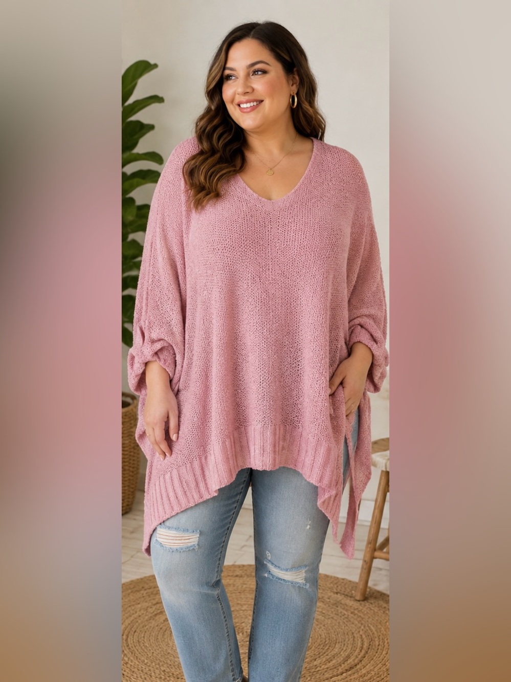 Easel 2X Pink Lightweight Oversized Open Knit Poncho Sweater Boho Slouchy NWT